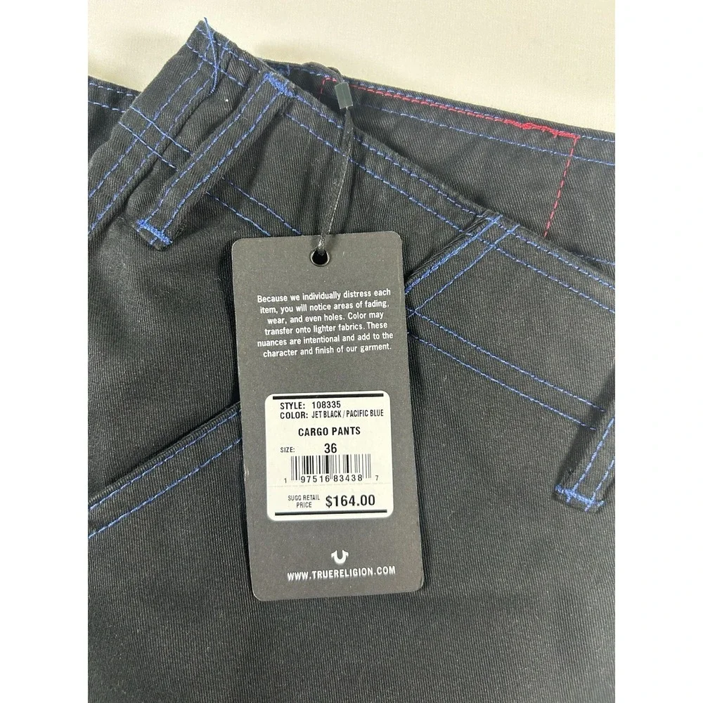 True Religion Men Baggy Cargo Pants 36 Black Blue Bold Stitch Utility Urban NWT